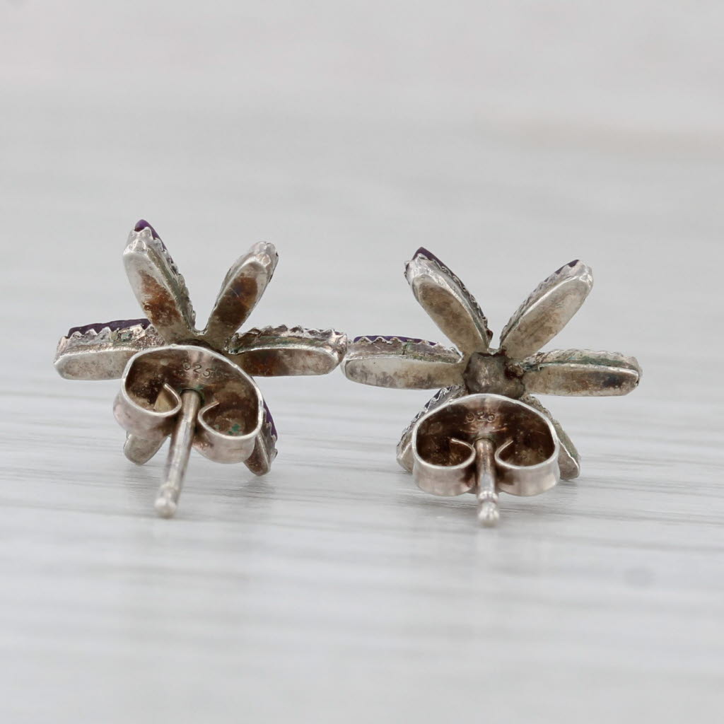 Light Gray Vintage Native American Purple Sugilite Flower Stud Earrings Sterling Silver