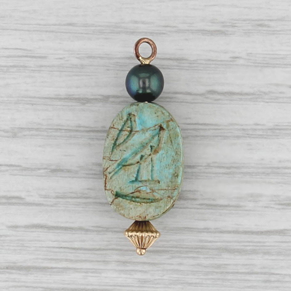 Faience Carved Scarab Black Pearl Pendant 14k Yellow Gold Charm Fob