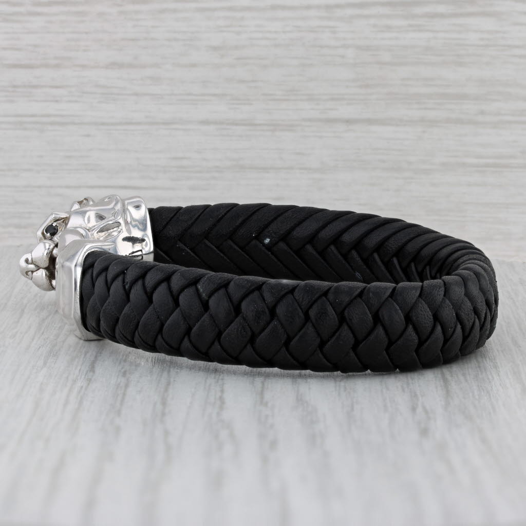 Gray New Effy Black Spinel Panther Bracelet Sterling Silver Woven Black Leather 7.5"