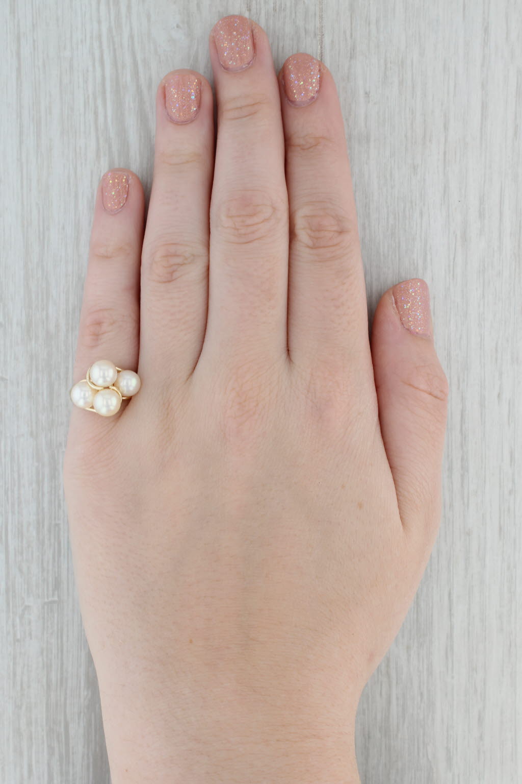 Gray Cultured Pearl Cluster Ring 14k Yellow Gold Size 6.25 Bypass