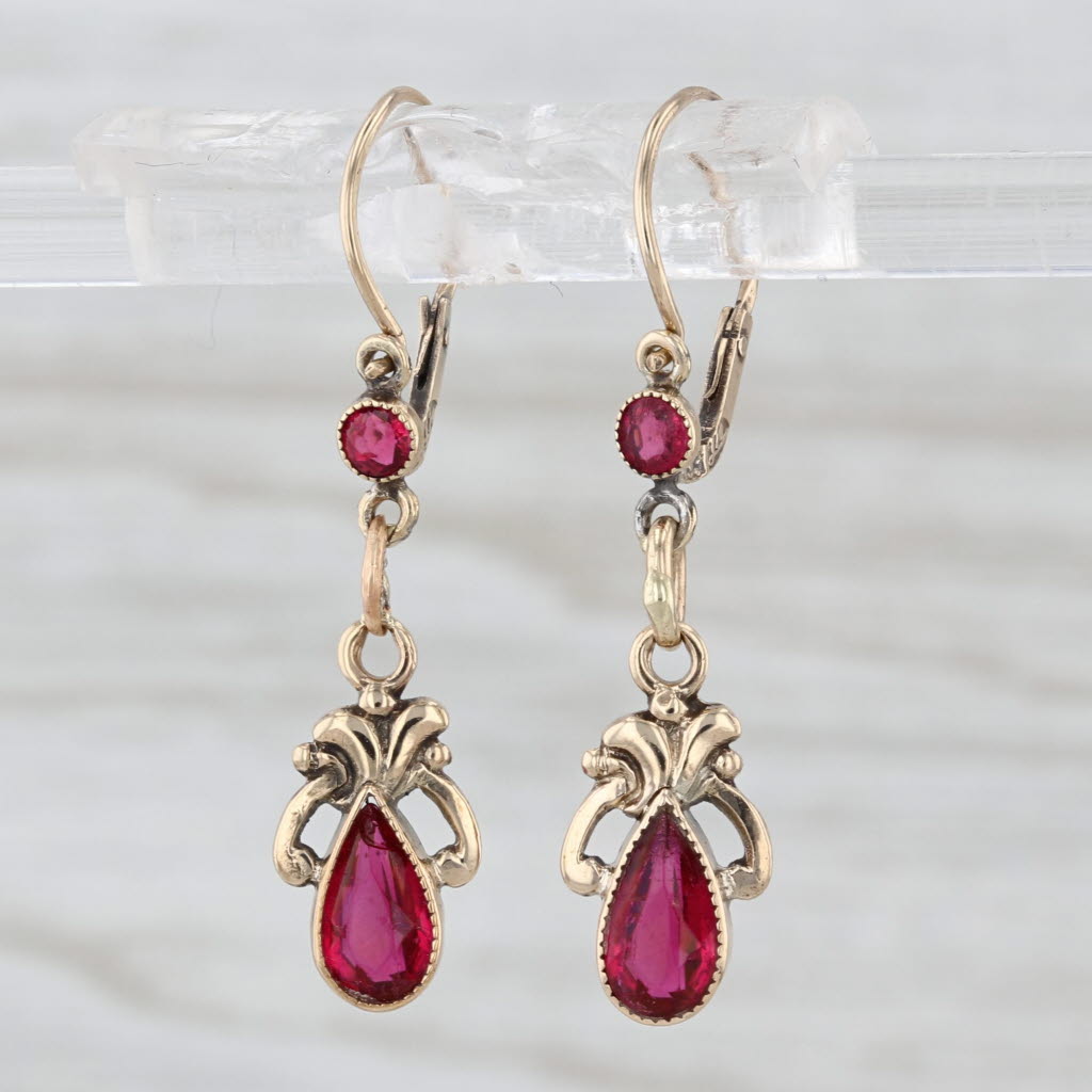 Antique Red Glass Teardrop Dangle Earrings 9k Yellow Gold Hook Posts
