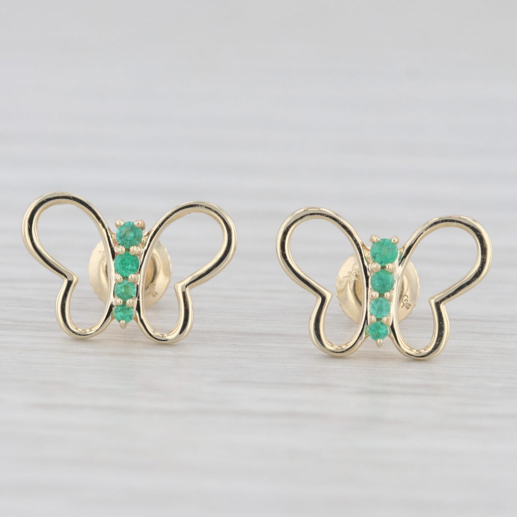 Light Gray New Emerald Butterfly Stud Earrings 10k Yellow Gold