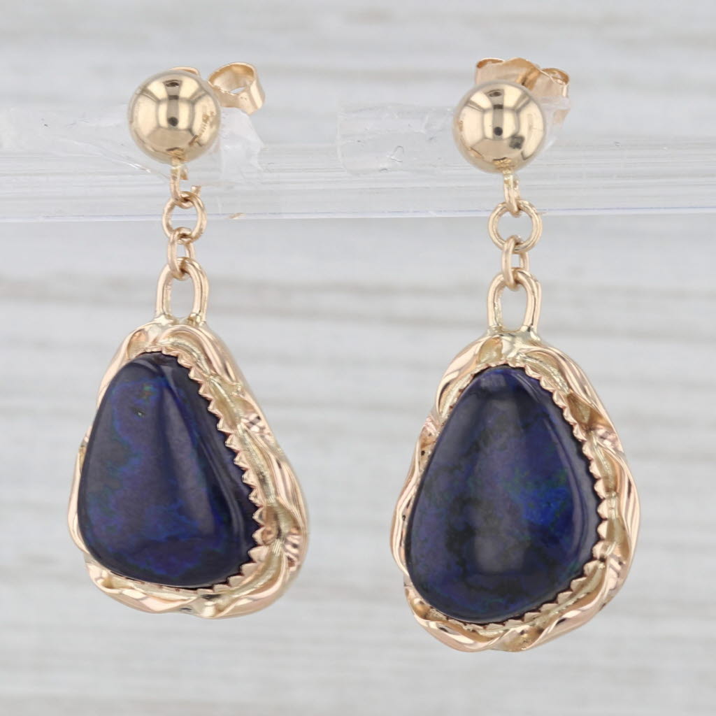 Light Gray Blue Azurite Dangle Earrings 14k Yellow Gold Artisan Signed