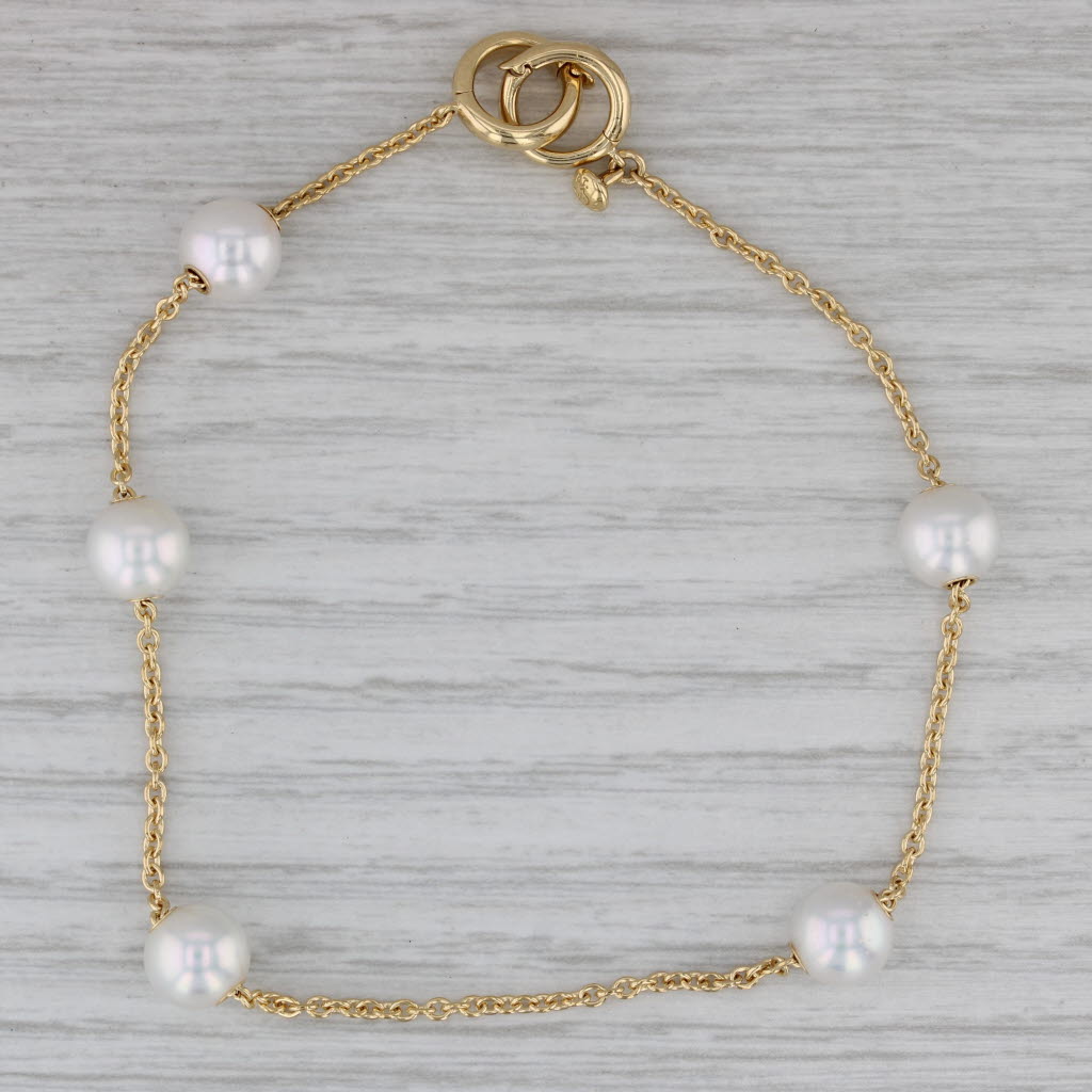 Gray Mikimoto Cultured Pearl Station Bracelet w/ Pouch 18k Yellow Gold 8" Cable Chain