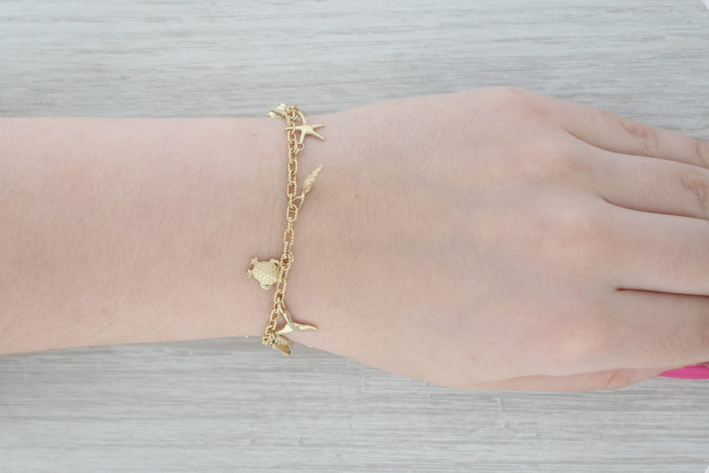 Gray Nautical Themed Charm Bracelet 10k 14k Yellow Gold 7.5" Shell Turtle Seahorse