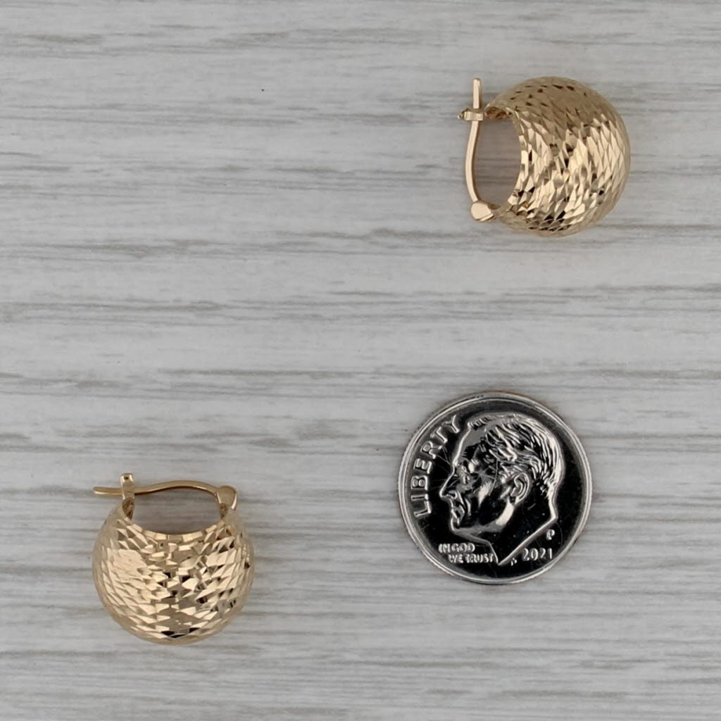 Etched Pattern Hoop Huggie Earrings 18k Yellow Gold Snap Top Posts