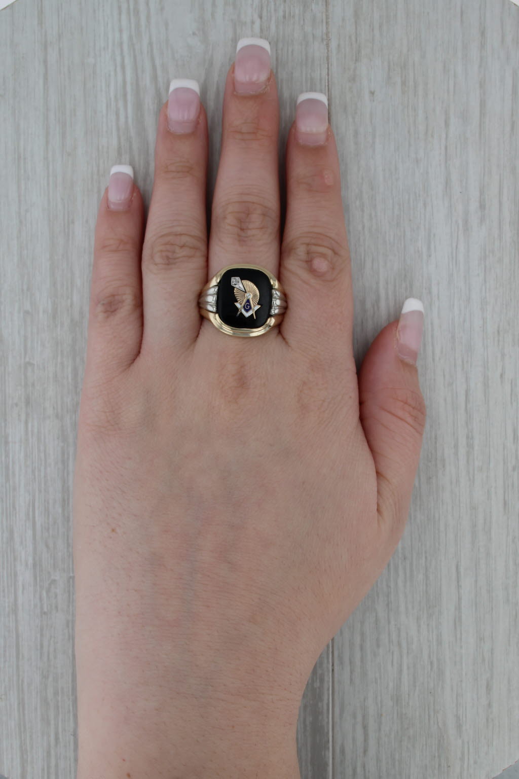 Masonic Signet Onyx Diamond Ring 10k Gold Size 9.75 Blue Lodge Square Compass