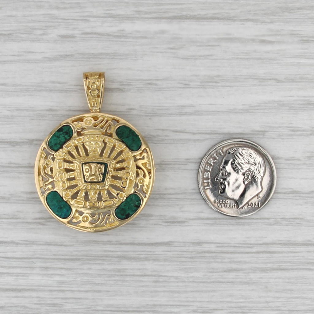 Green Malachite Aztec Sun Pendant Brooch 18k Yellow Gold Tribal