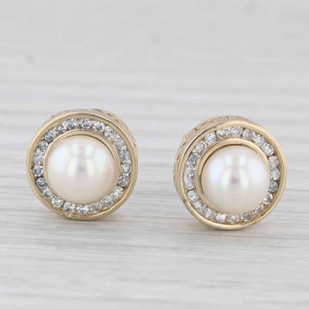 Light Gray Cultured Pearl 0.20ctw Diamond Halo Stud Earrings 14k Yellow Gold