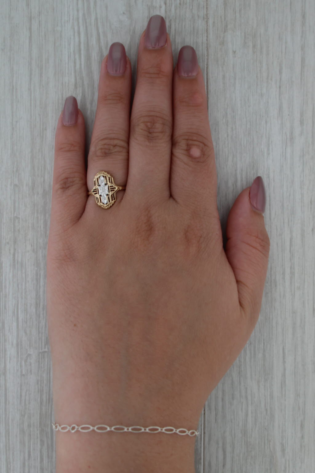 Vintage Diamond Filigree Ring 10k White Yellow Gold Size 6.5