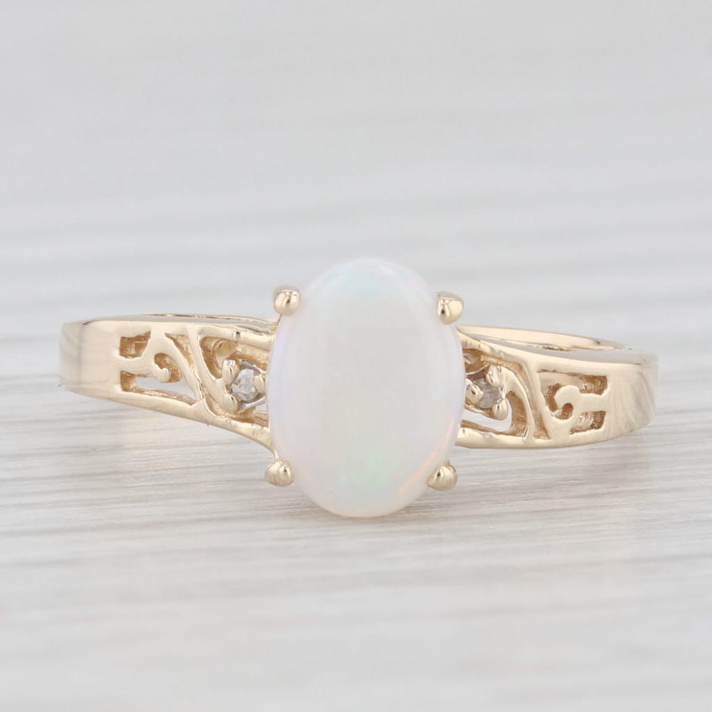 Light Gray Opal Oval Cabochon Solitaire Ring 10k Yellow Gold Size 7.25 Diamond Accents