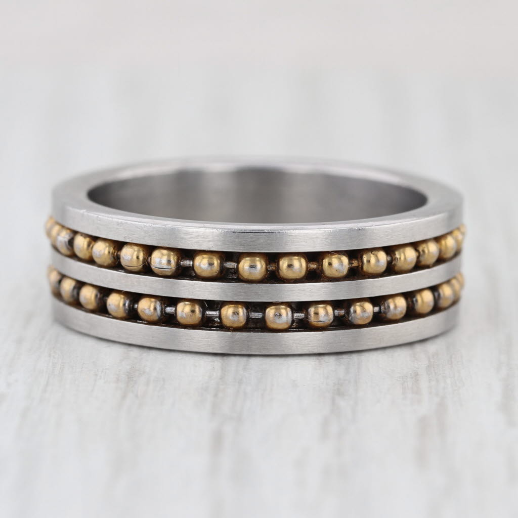 2-Toned Steel Bead Accented Ring Men's Size 12.25 Bead 8.1mm