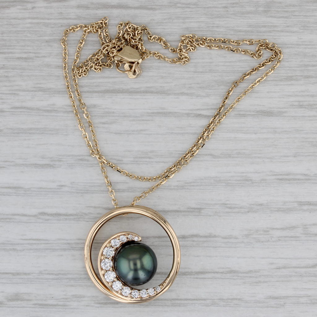 Gray Na Hoku Cultured Pearl Diamond Swirl Pendant w/ Boxes 14k Gold 17" Cable Chain
