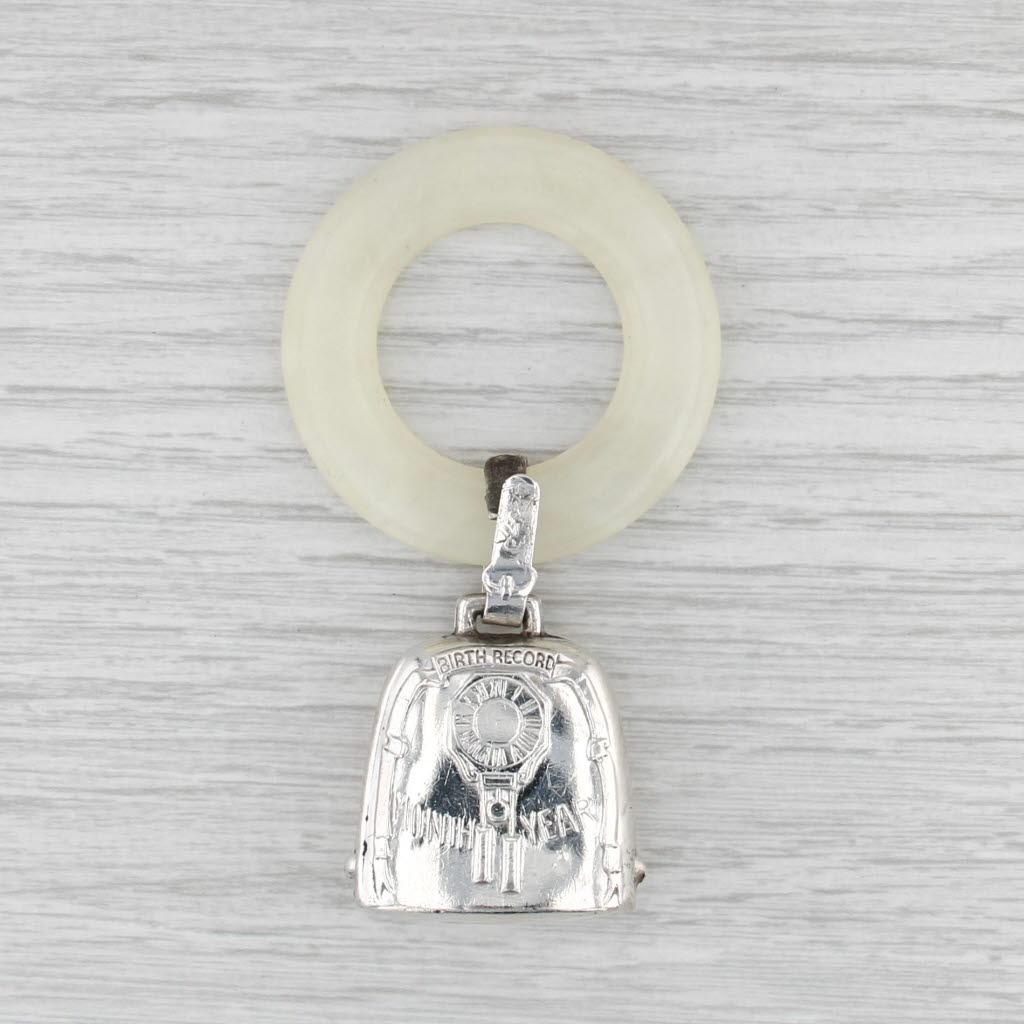 Antique Baby Teething Ring Bell Sterling Silver Resin Birth Record Engravable