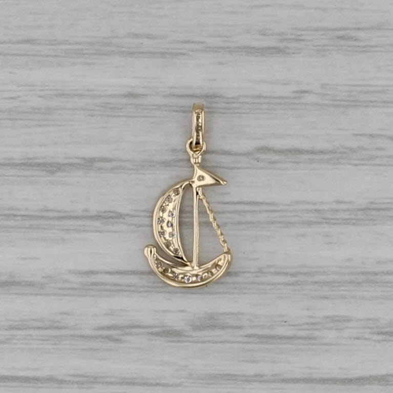 New Diamond Sailboat Charm 14k Yellow Gold Small Nautical Pendant