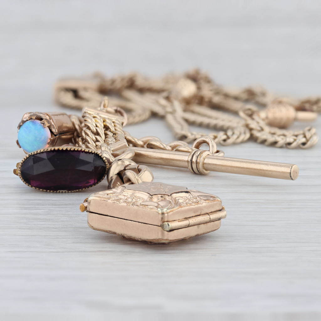 Gray Vintage Watch Chain Necklace Fobs Pendants Chatelaine Opal Glass Gold Filled
