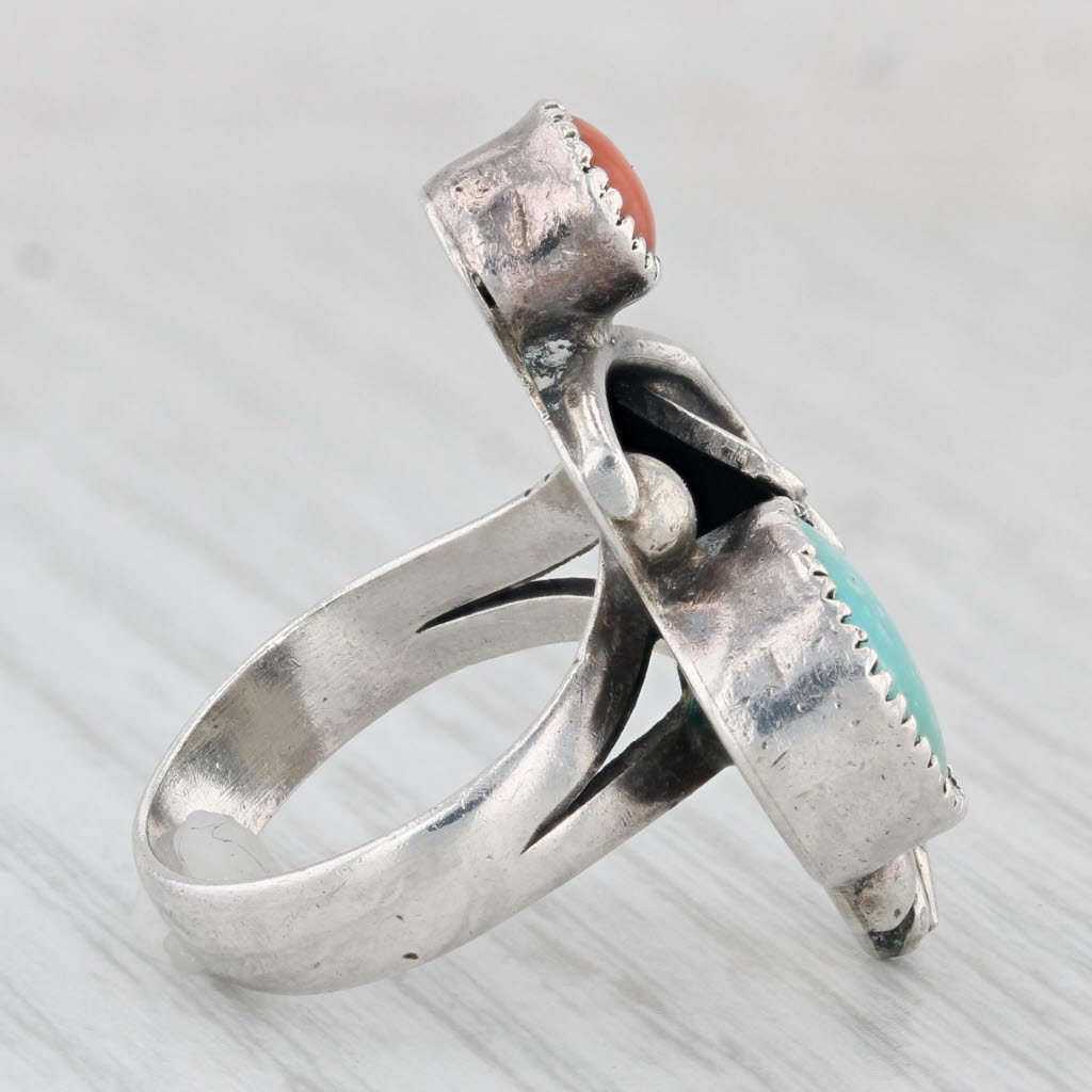 Light Gray Vintage Native American Turquoise Coral Leaf Statement Ring Sterling Silver