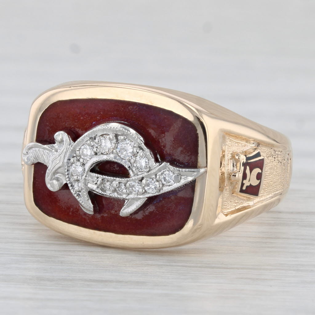 Light Gray Diamond Shriners Masonic Signet Ring 14k Gold Platinum Scimitar Crescent Fez