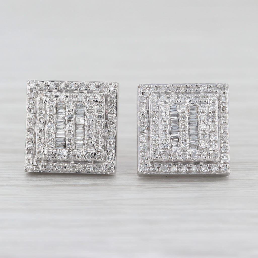 0.37ctw Pave Diamond Square Stud Earrings 14k White Gold Screw Backs Studs