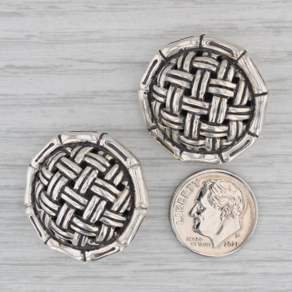 Gray John Hardy Crosshatch Button Stud Earrings Sterling Silver Omega Back Clip On