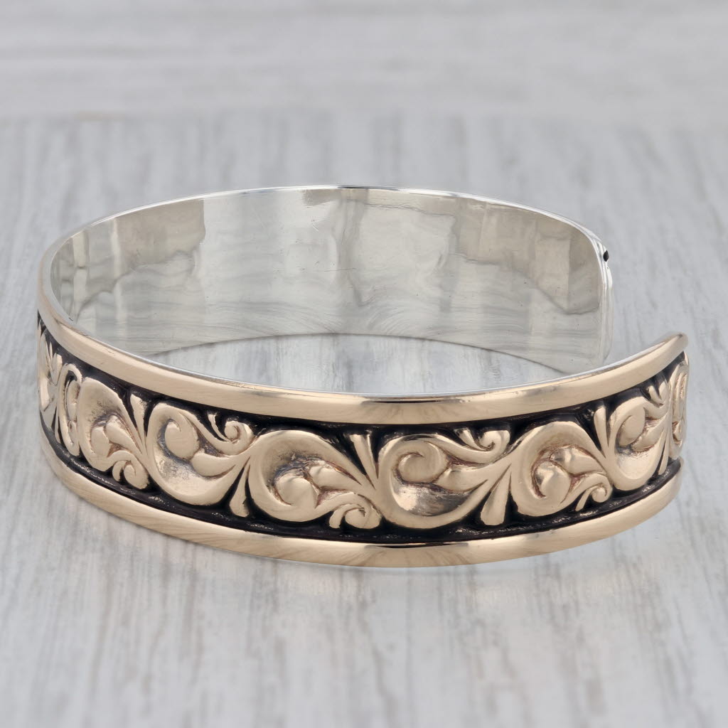 Gray Ornate Floral Cuff Bracelet 14k Yellow Gold Sterling Silver 6.75" Levin