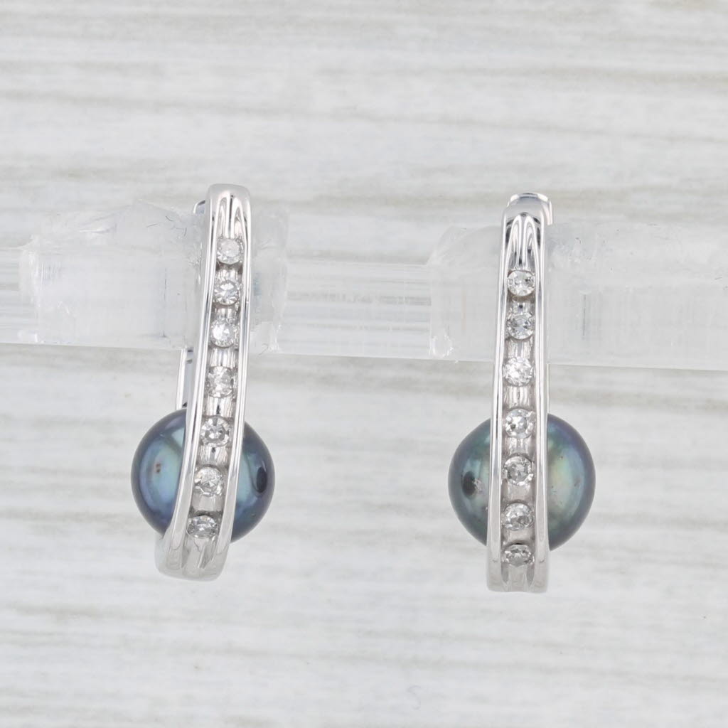 Light Gray Cultured Black Pearl Diamond J-Hook Earrings 14k White Gold Snap Top
