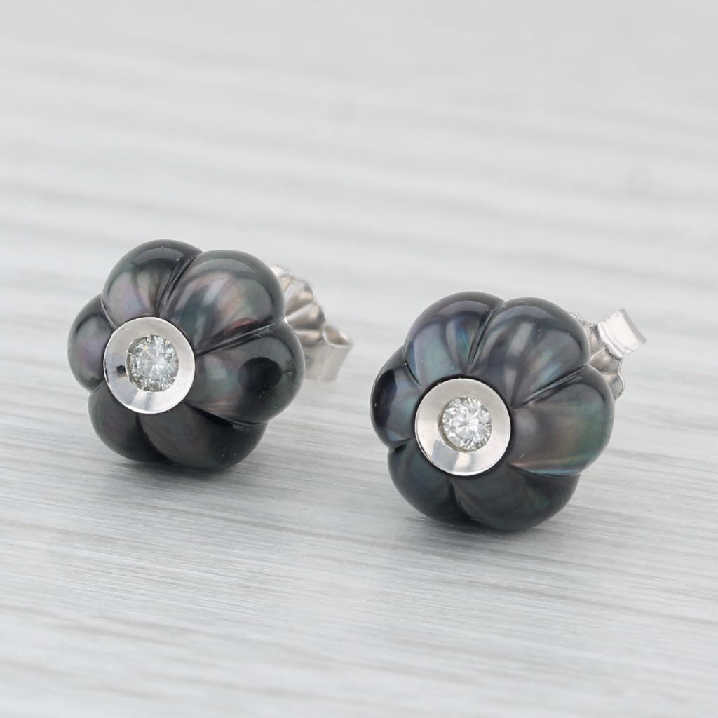 Light Gray New Cultured Black Pearl Dark Poppy Diamond Stud Earrings 14k Gold Galatea
