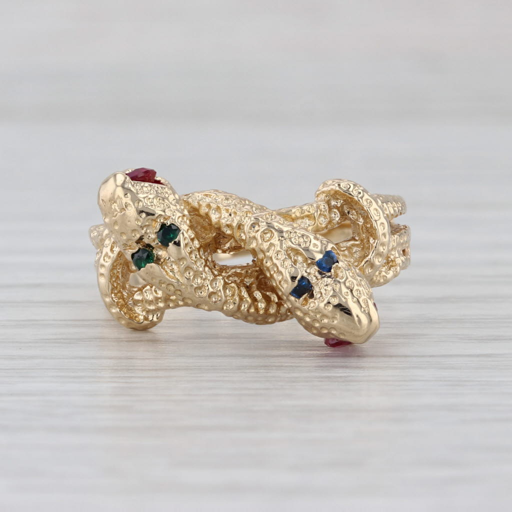 Intertwining Snakes Bypass Ring 18k Gold Size 11 Lab Created Rubies Spinel