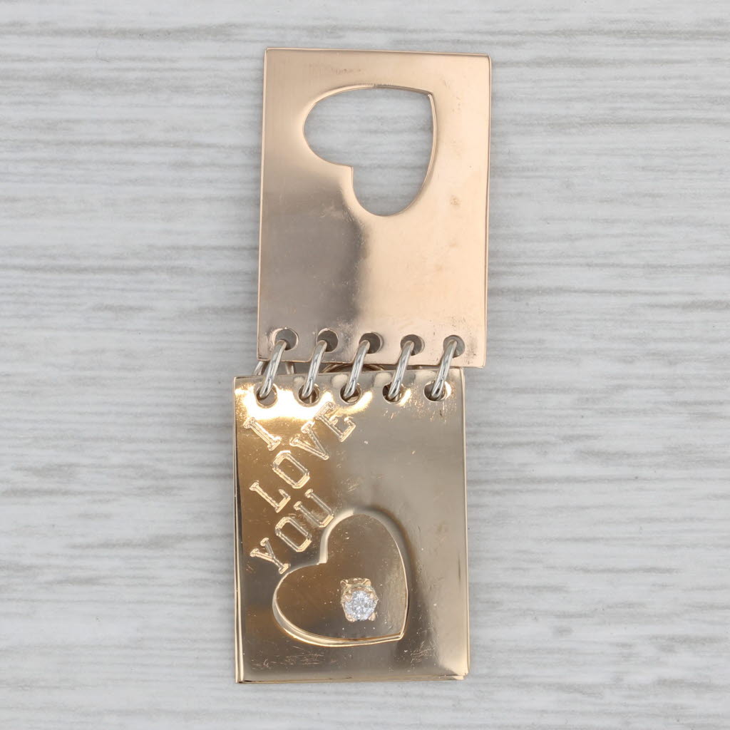 Gray Diamond Engraved Love Note Pendant 14k Yellow Gold Charm Flip Notebook