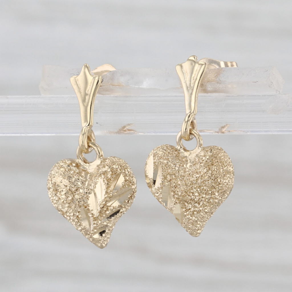Brushed Puffy Heart Drop Earrings 14k Yellow Gold Dangles
