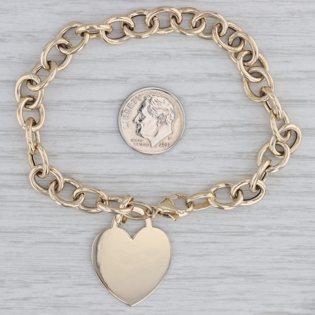 Gray Engravable Heart ID Tag Charm Bracelet 14k Yellow Gold Cable Chain 7.75"