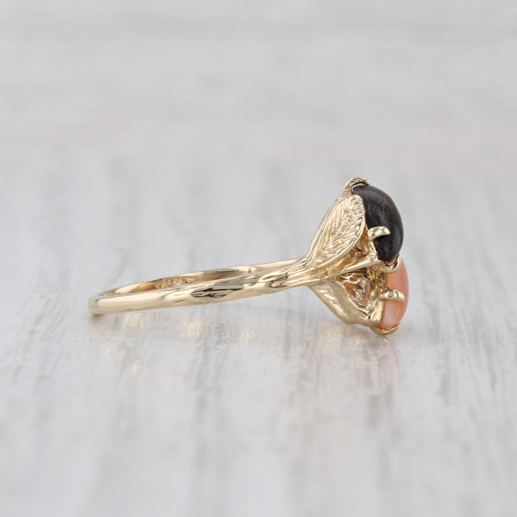 Pink & Black Coral Bypass Ring 14k Yellow Gold Size 7.5 Leaf Accents