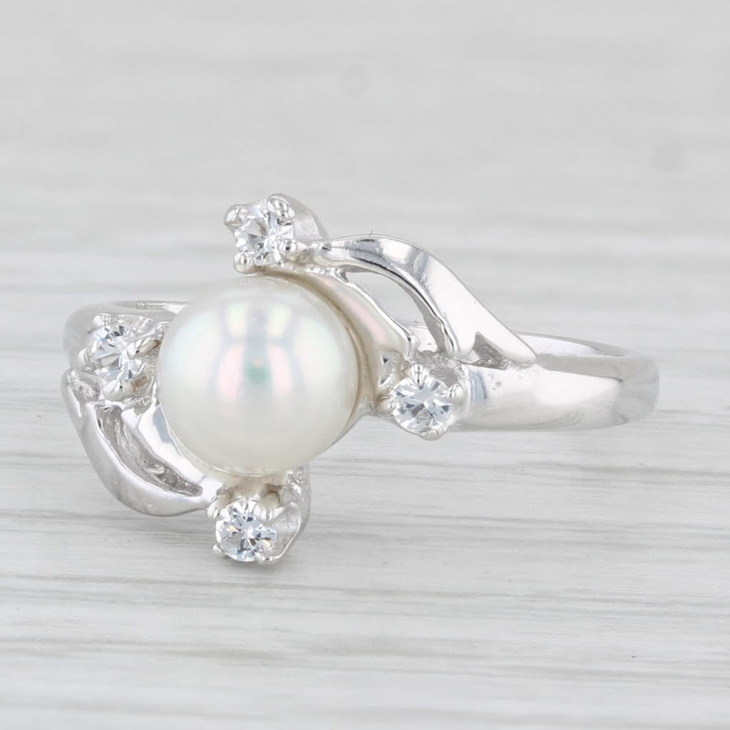 Light Gray Cultured Pearl Lab Created Spinel Ring 10k White Gold Size 6 Bypass