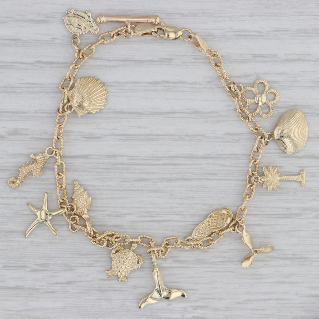 Gray Nautical Themed Charm Bracelet 10k 14k Yellow Gold 7.5" Shell Turtle Seahorse