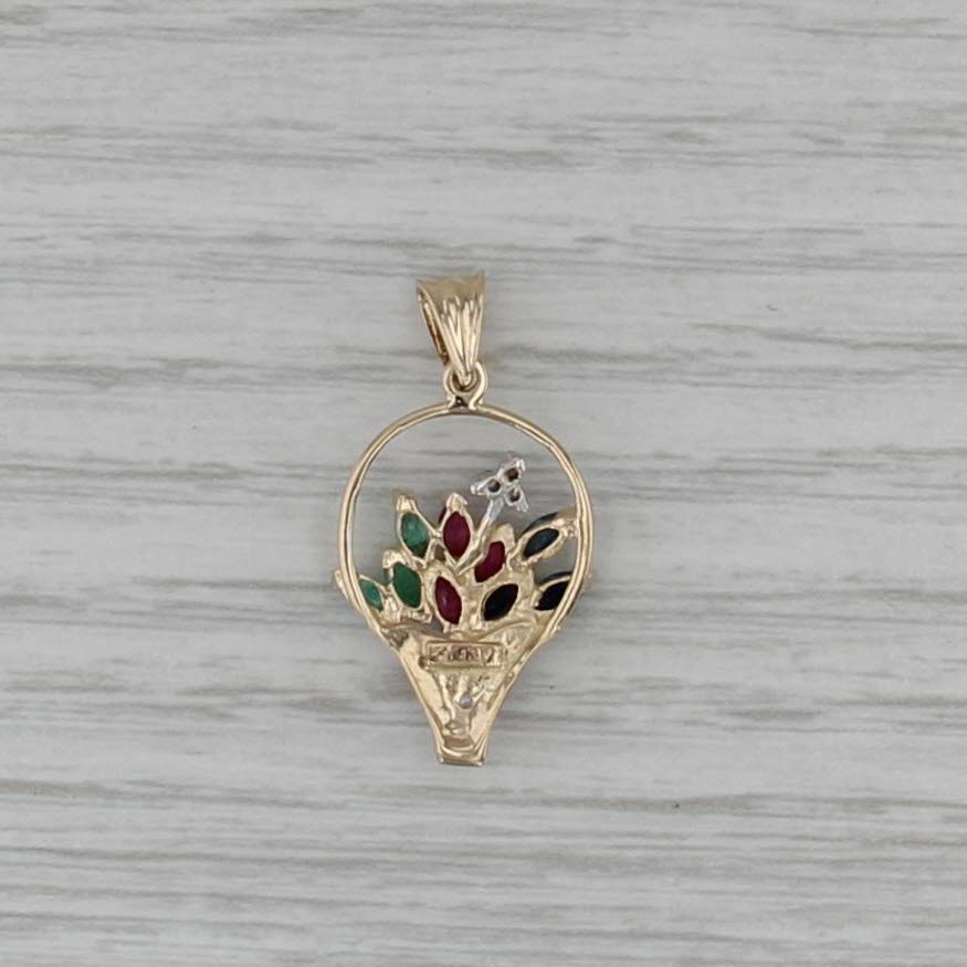 0.68ctw Flower Basket Bouquet Pendant 14k Gold Sapphire Ruby Emerald Diamond