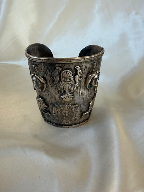 Vintage Peruvian Figural Tribal Wrist Plate Guard Sterling Silver Large Cuff