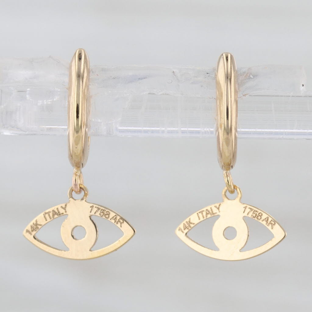 All Seeing Eye Dangle Huggie Hoop Earrings 14k Yellow Gold Snap Top Round Hoops