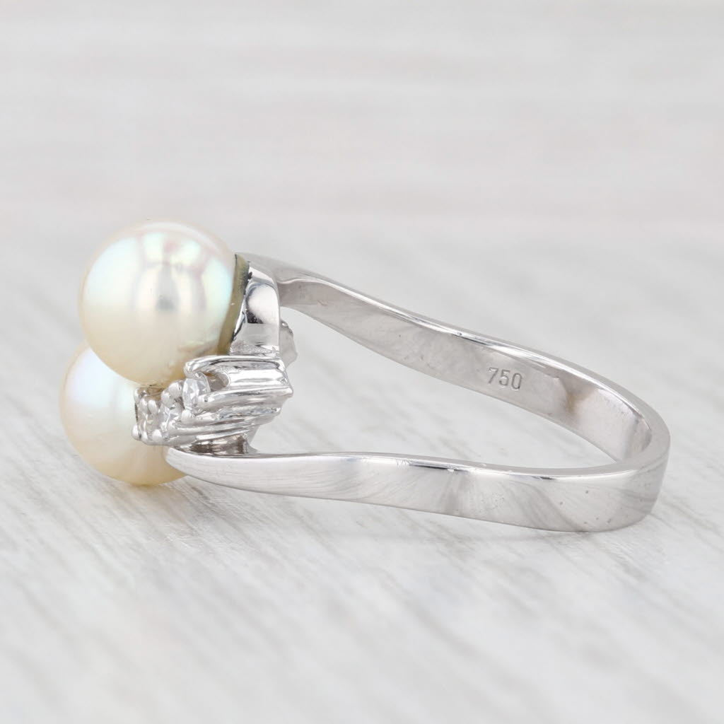 Light Gray Cultured Pearl 0.12ctw Diamond Bypass Ring 18k White Gold Size 7-7.25