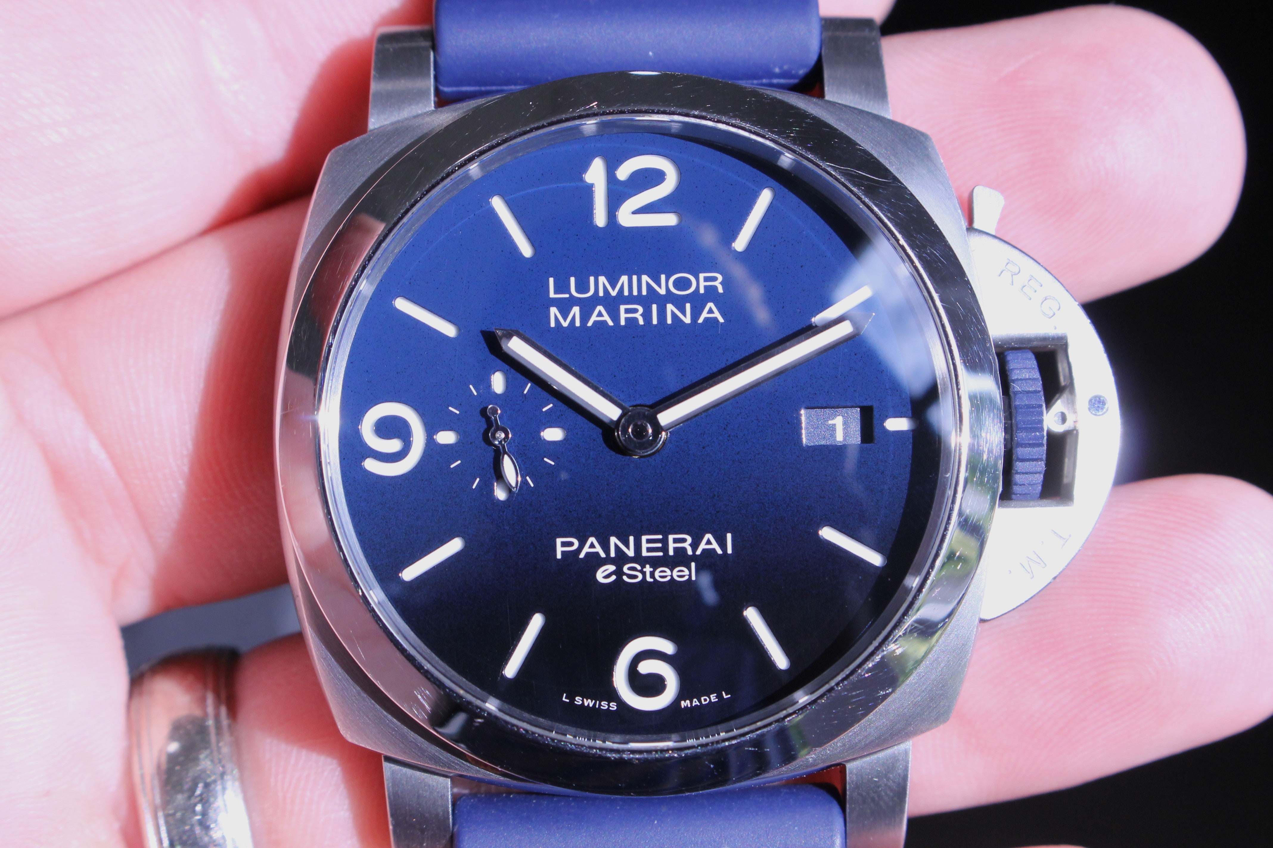 Midnight Blue Panerai E-Steel Luminor Marina Blu Profundo Mens Steel Watch w/ Box PAM01157
