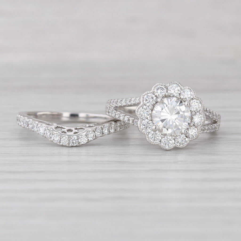 2.08ctw GIA Diamond Flower Halo Engagement Ring Wedding Band Bridal Set 14k Gold