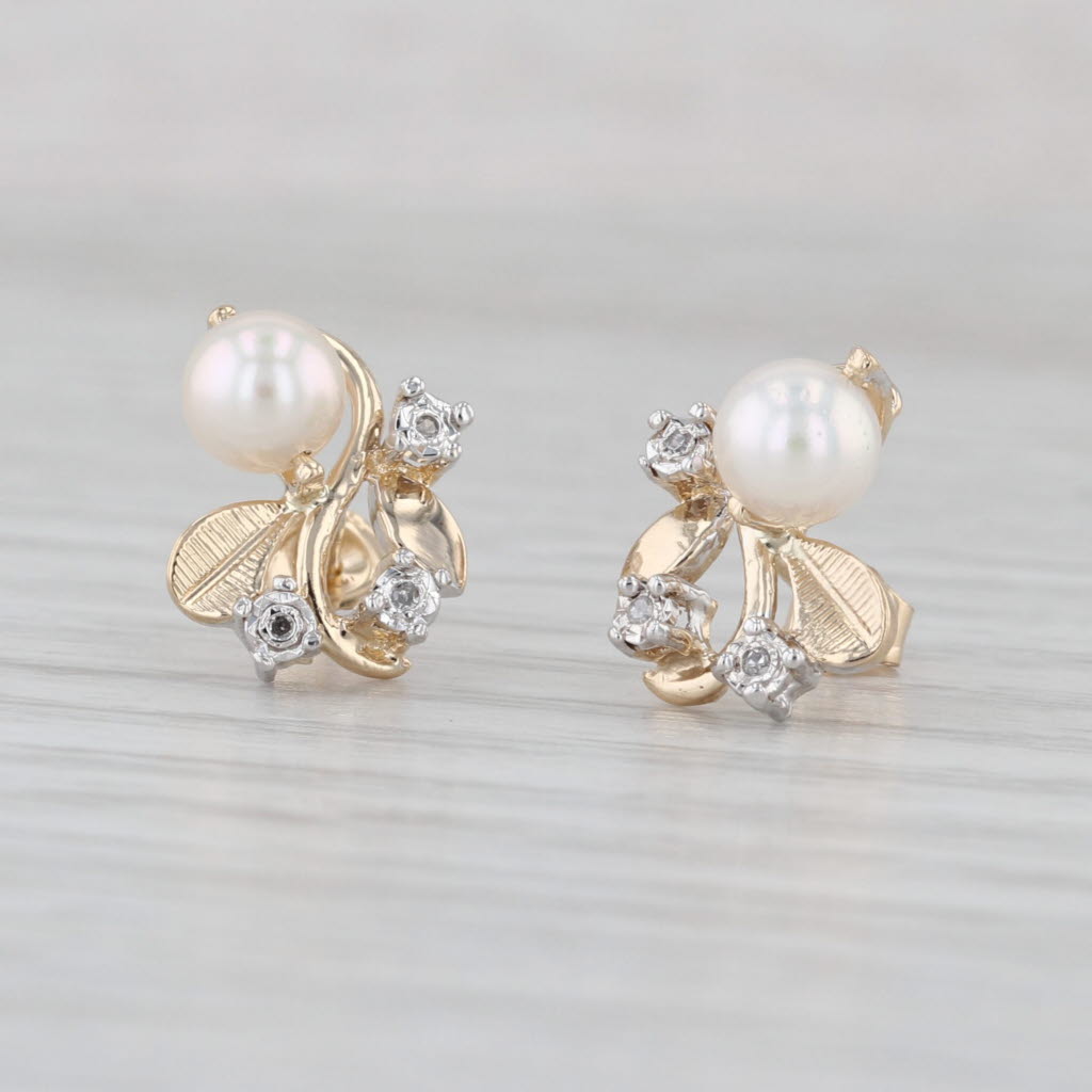 Cultured Pearl Diamond Flower Stud Earrings 14k Yellow Gold Studs