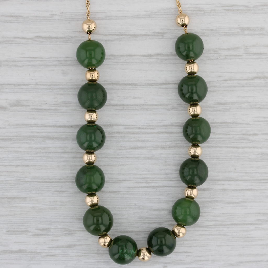 Gray Green Nephrite Jade Bead Necklace 14k Yellow Gold 17.5" Rope Chain