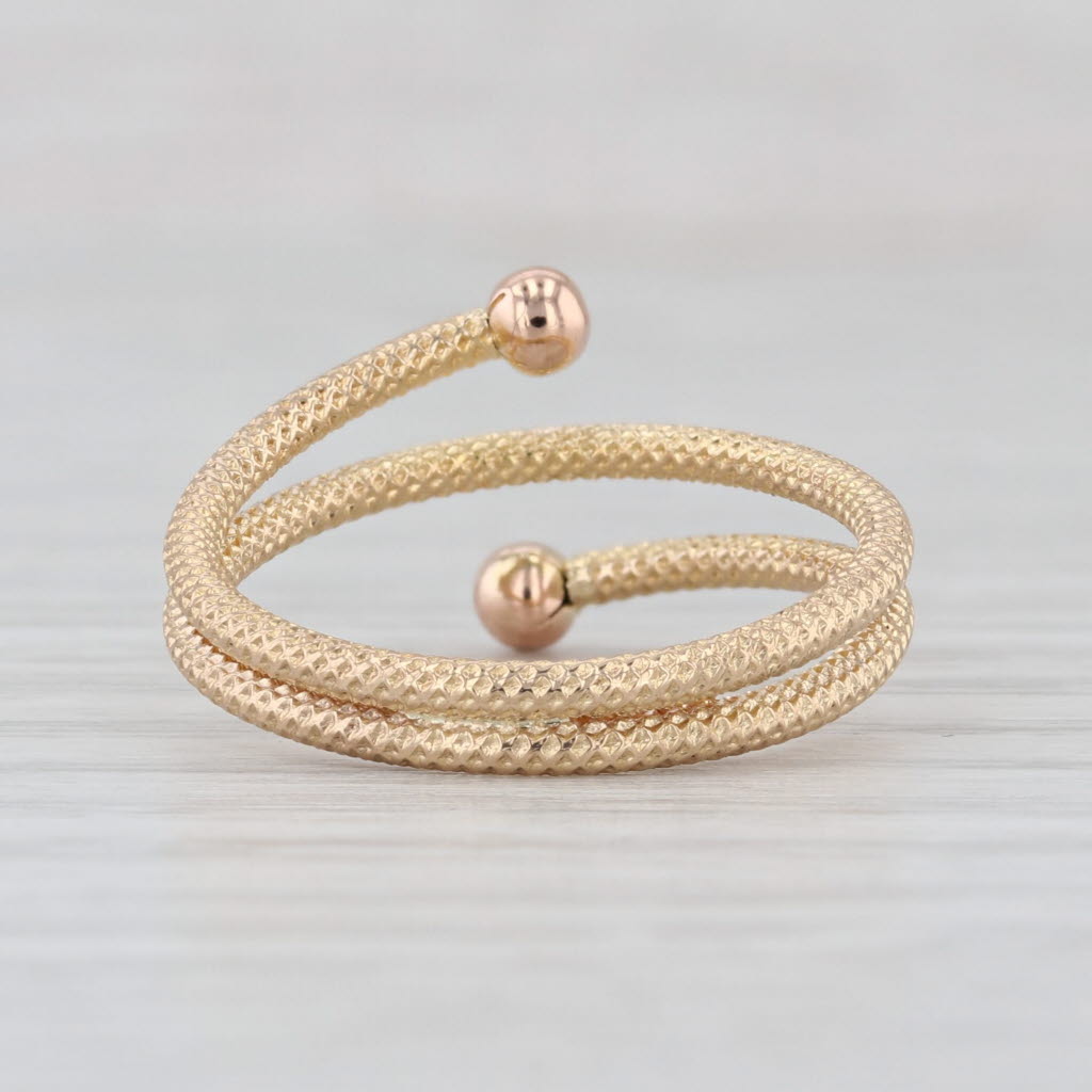 Coiled Bypass Ring 14k Yellow Gold Size 6.5 Bead Accented Etched Band