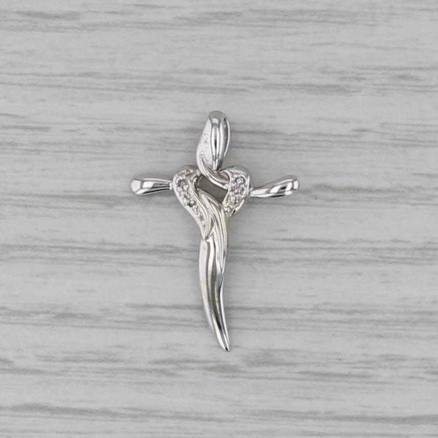 Diamond Accented Heart Cross Pendant 10k White Gold Small Drop