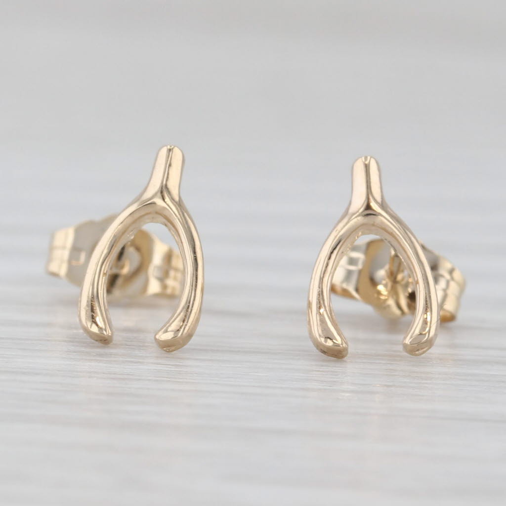 Light Gray Small Wishbone Stud Earrings 14k Yellow Gold