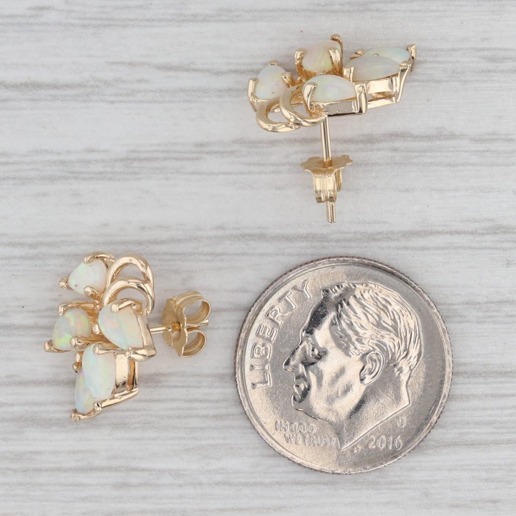 Gray Opal Cluster Stud Earrings 14k Yellow Gold Pear Cabochons