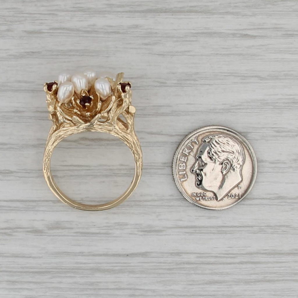 Cultured Pearl Clusters Garnet Flowers Ring 14k Yellow Gold Size 7.5