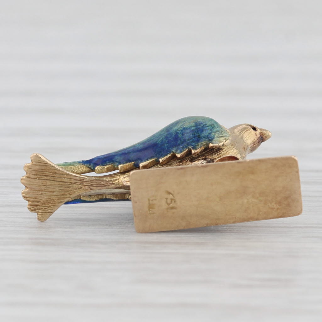 Light Gray Vintage Enamel 3D Blue Bird Charm Pendant 18K Yellow