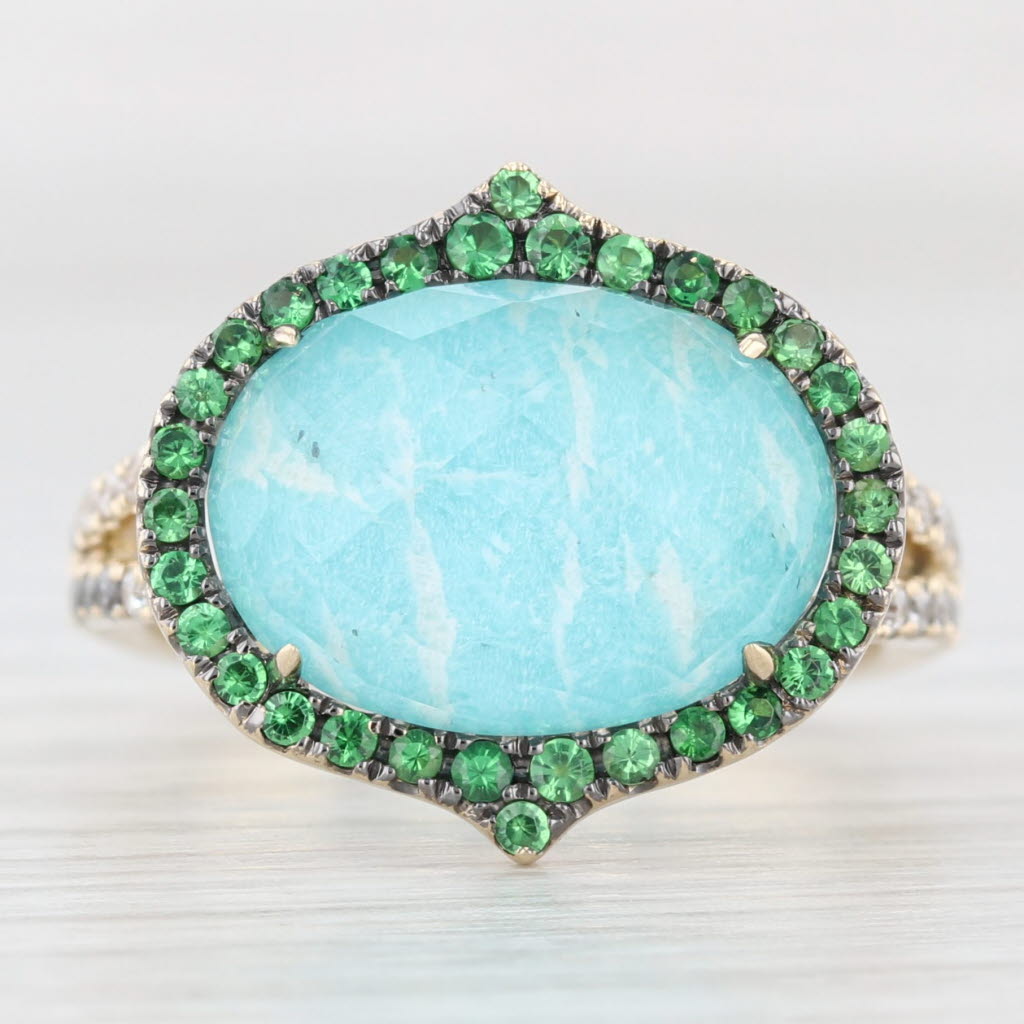 Light Gray New Doves by Doron Paloma Amazonite Tsavorite Ring 14k Yellow Gold Size 6.75