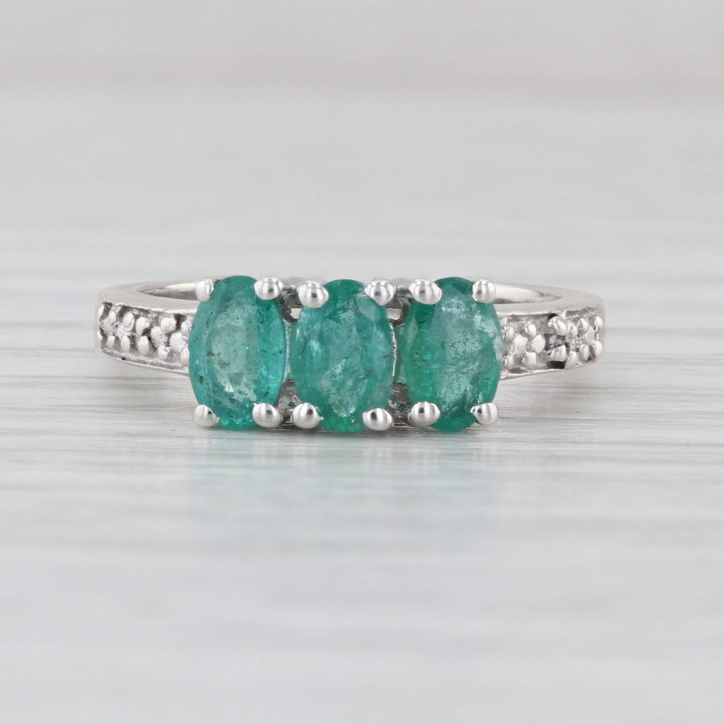 1.05ctw 3-Stone Emerald Ring Sterling Silver Diamond Accents Size 6 COA